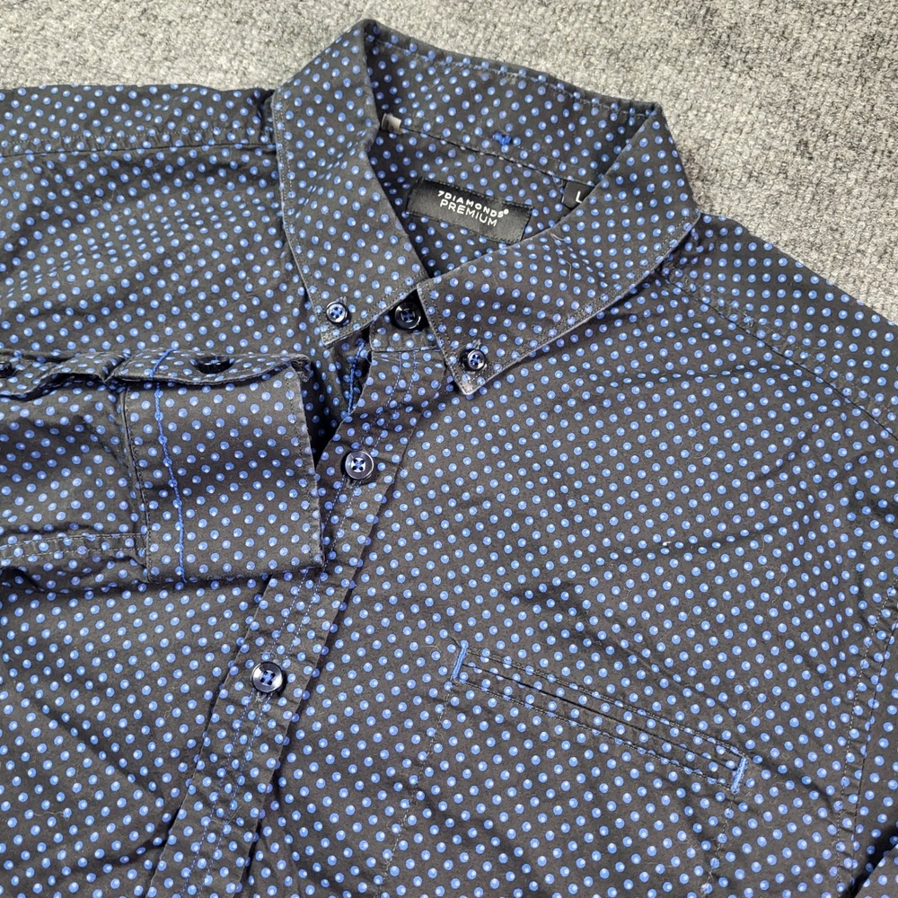 7 Diamonds Premium Mens Large Black Blue Polka Dot Long Sleeve Button Down Shirt